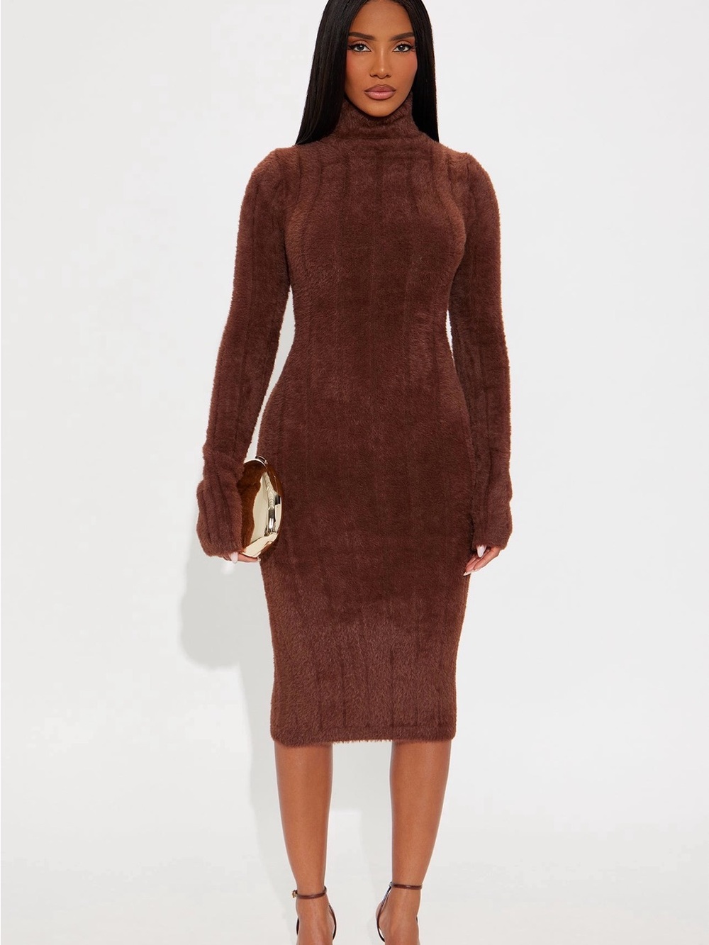 Fashion Nova Chocolate Brown Turtleneck Ribbed Midi Dress
